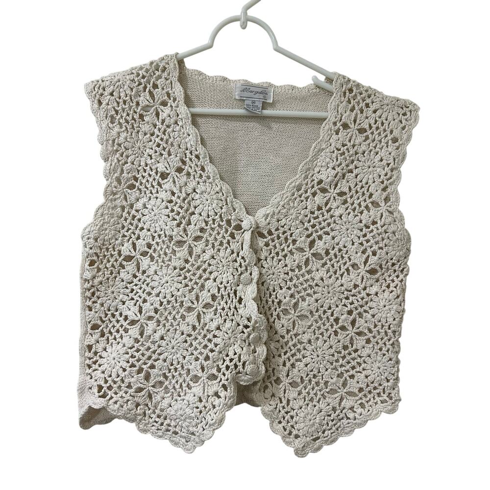 Margules Vtg Womens Sz Medium Cream White Crochet Knit Sweater Vest Boho Cottage